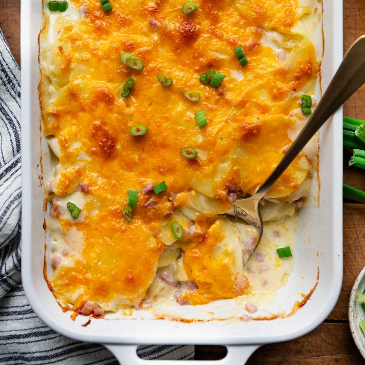 Square overhead shot of scalloped potatoes and ham.