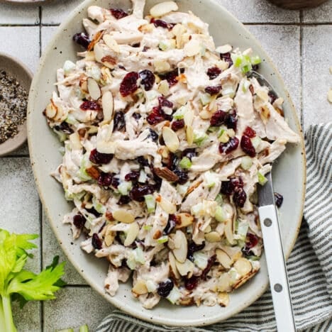 Square overhead shot of a bowl of southern chicken salad.
