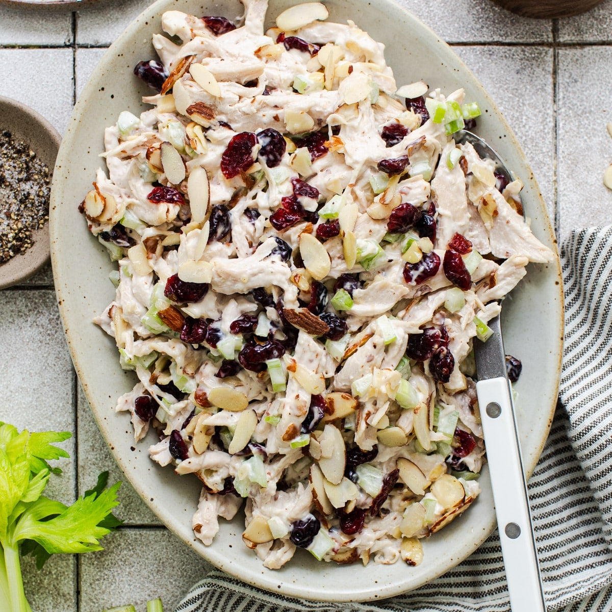 Square overhead shot of a bowl of southern chicken salad.
