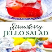 Long collage image of strawberry jello salad.