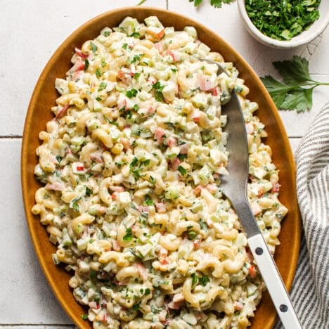 Square overhead shot of a bowl of Southern macaroni salad.