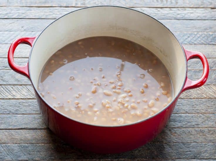 Pinto beans in water in a Dutch oven.