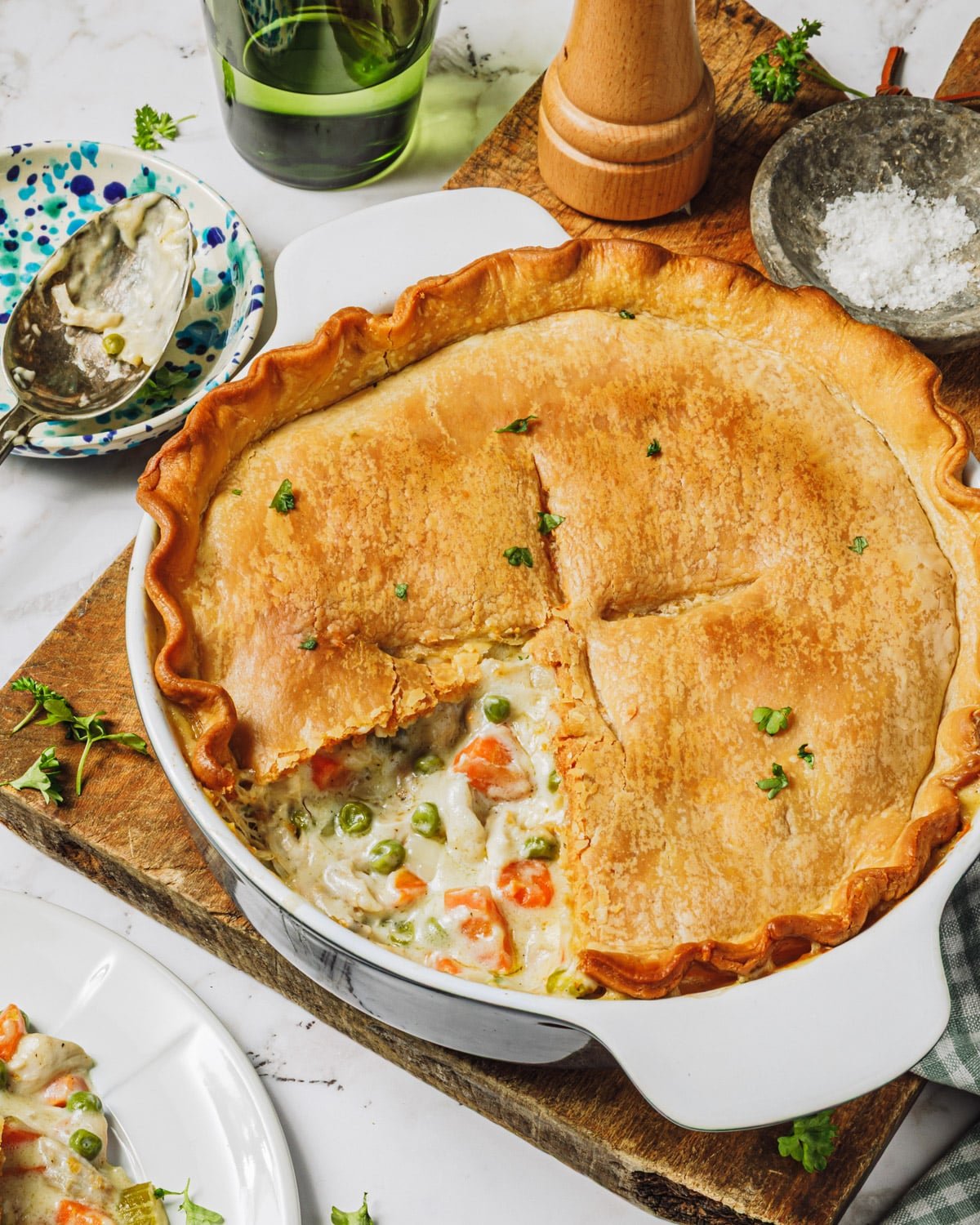 Side shot of the easiest chicken pot pie with pie crust.