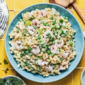 Horizontal overhead shot of a bowl of shrimp pasta salad.