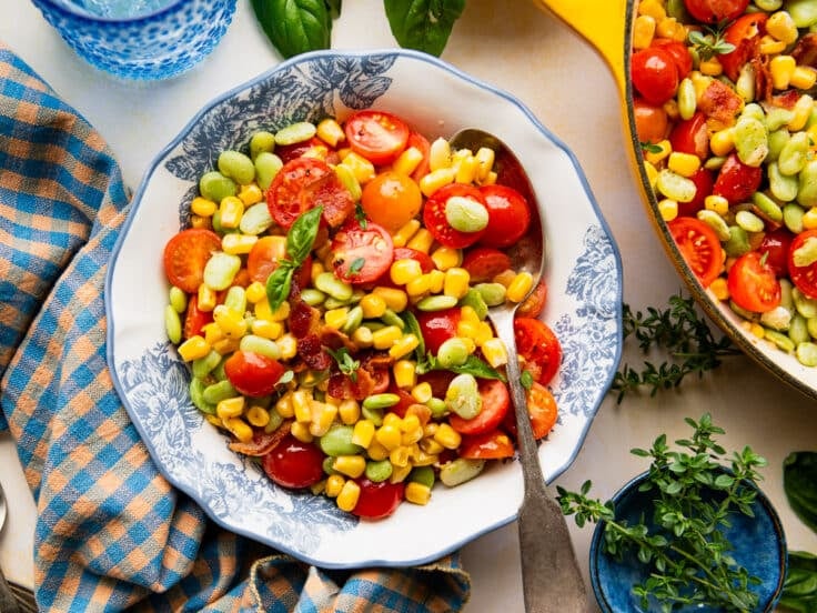 Horizontal overhead shot of a bowl of Southern succotash.