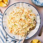 Horizontal overhead shot of a bowl of homemade coleslaw.