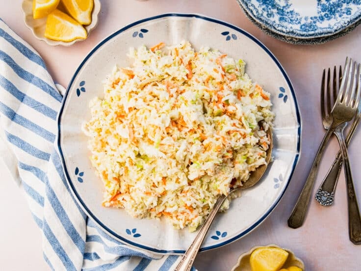 Horizontal overhead shot of a bowl of homemade coleslaw.