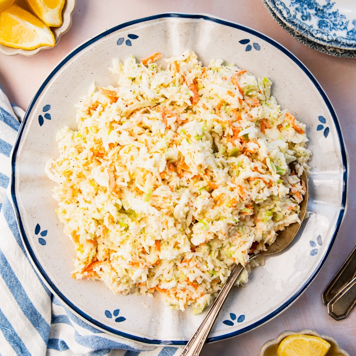 Square overhead shot of a bowl of homemade coleslaw.
