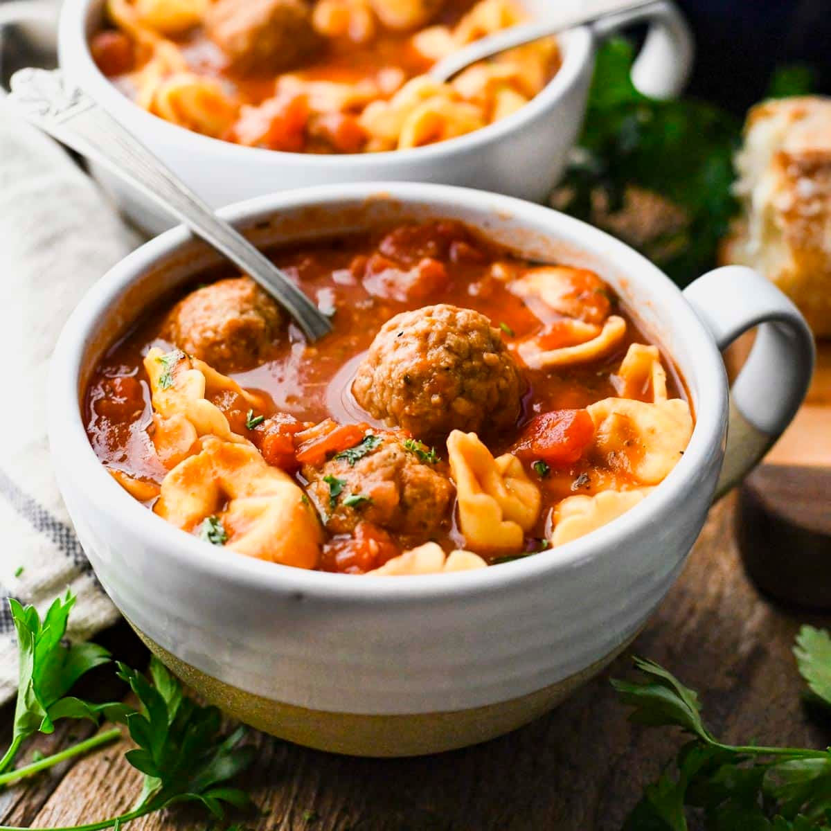 Square side shot of a bowl of meatball tortellini soup.