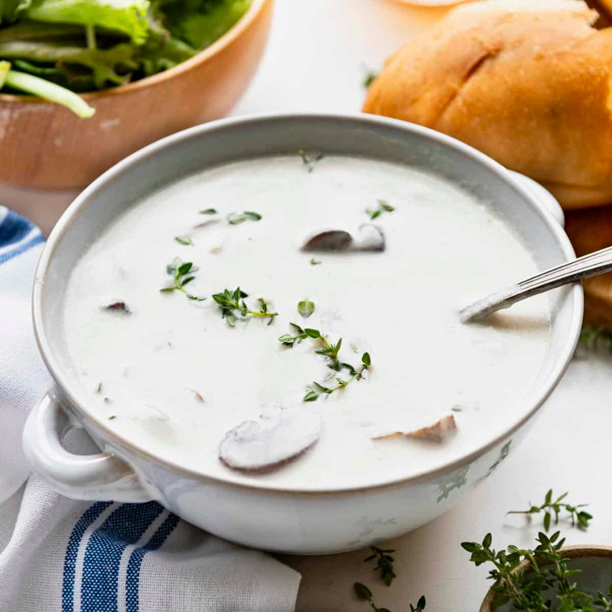 Square side shot of a bowl of creamy mushroom soup.