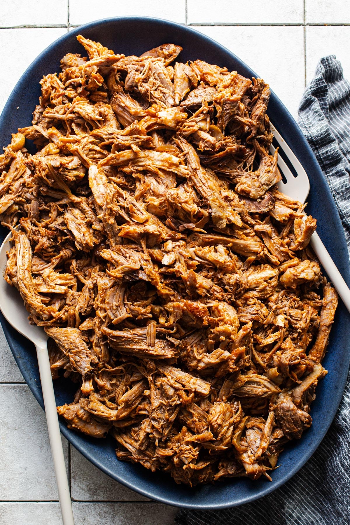 Overhead shot of a bowl of shredded Crock Pot pulled pork.