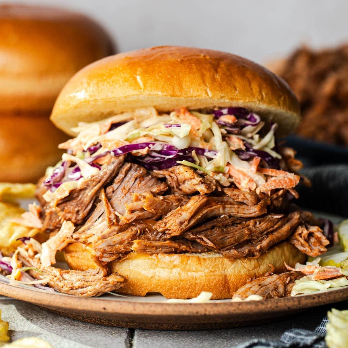 Square side shot of a pulled pork sandwich with coleslaw.