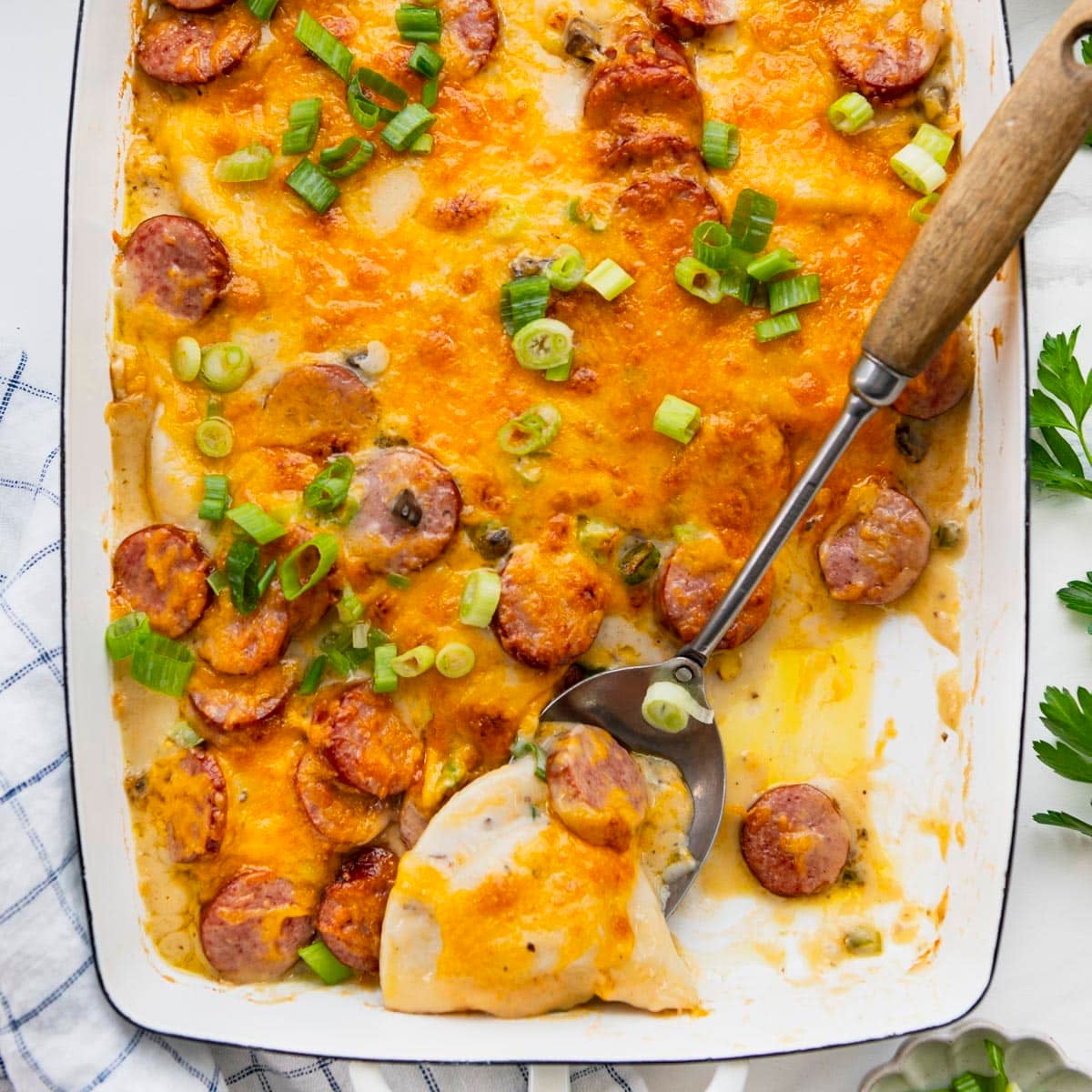 Square overhead image of a pan of pierogi casserole.