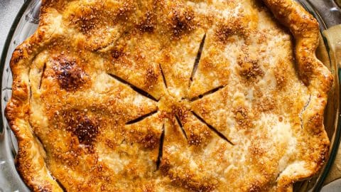 Square overhead shot of a baked easy apple pie recipe.