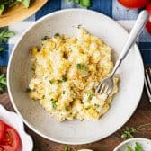 Horizontal overhead shot of a bowl of old fashioned baked macaroni and cheese.