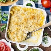 Square overhead shot of a pan of homemade mac and cheese.