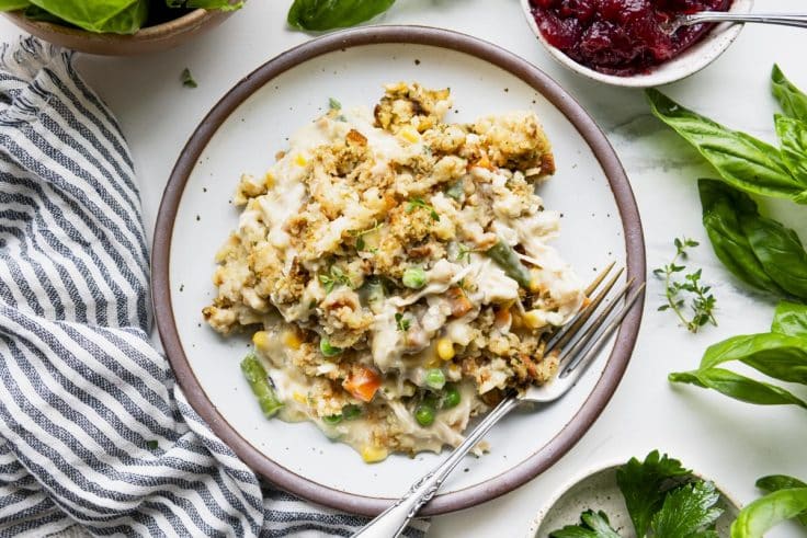 Overhead image of a plate of turkey stuffing casserole.