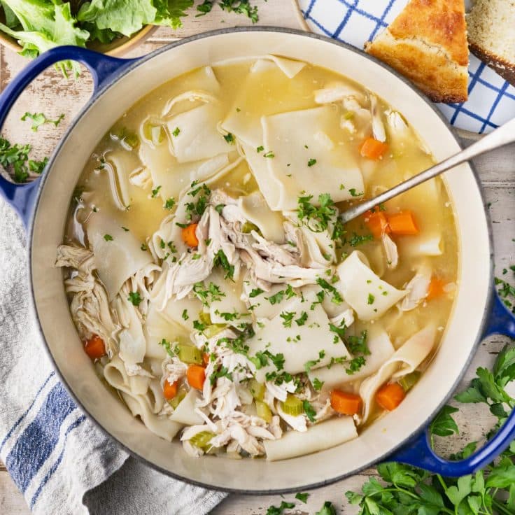 An easy pot of chicken and dumplings with frozen dumplings.