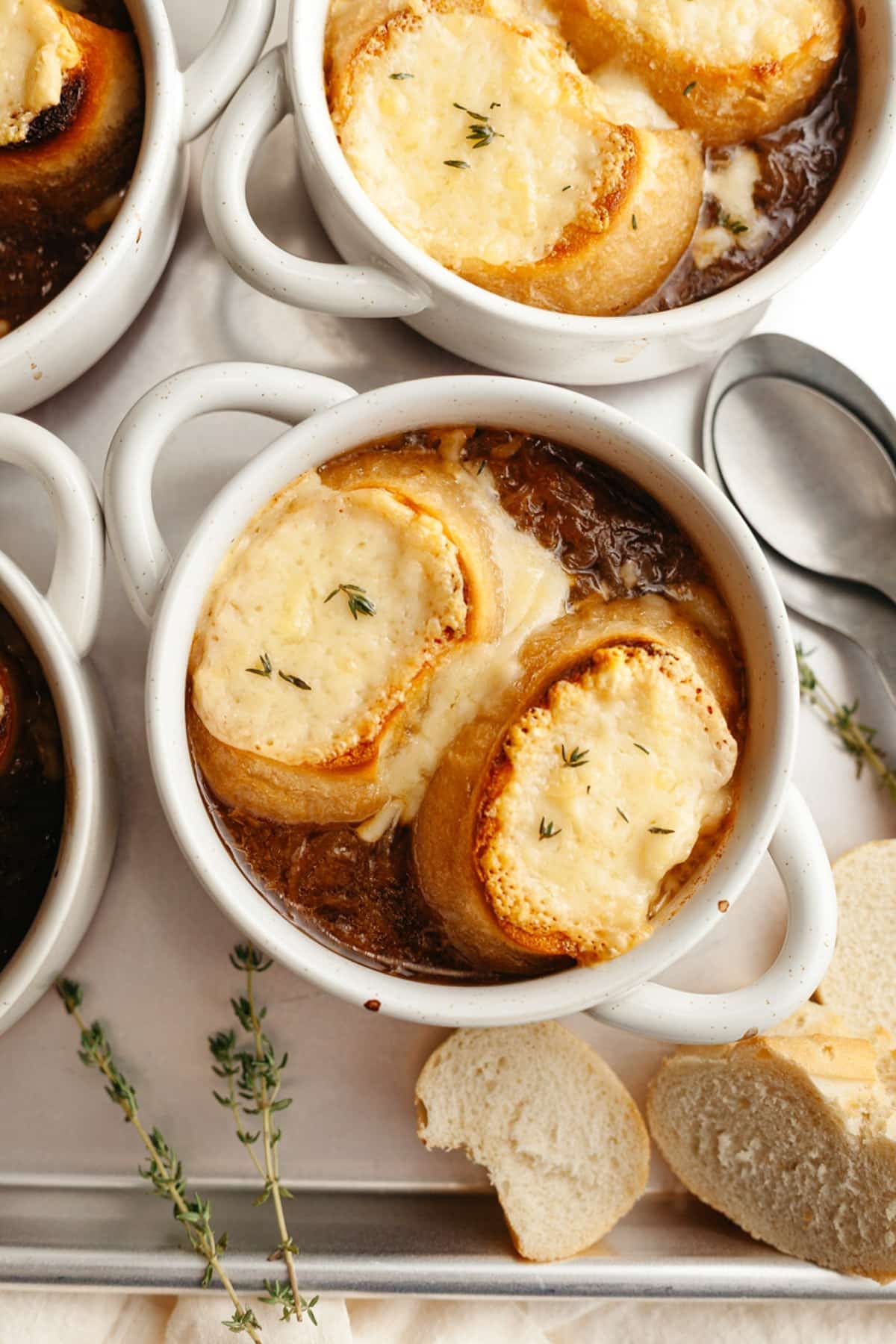 Overhead shot of a bowl of easy French onion soup.