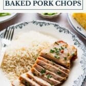 Baked pork chops with a text title box at the top.
