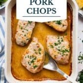 Baked pork chops with a text title overlay.