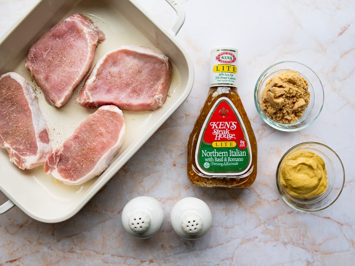 Ingredients for an easy baked pork chops recipe.