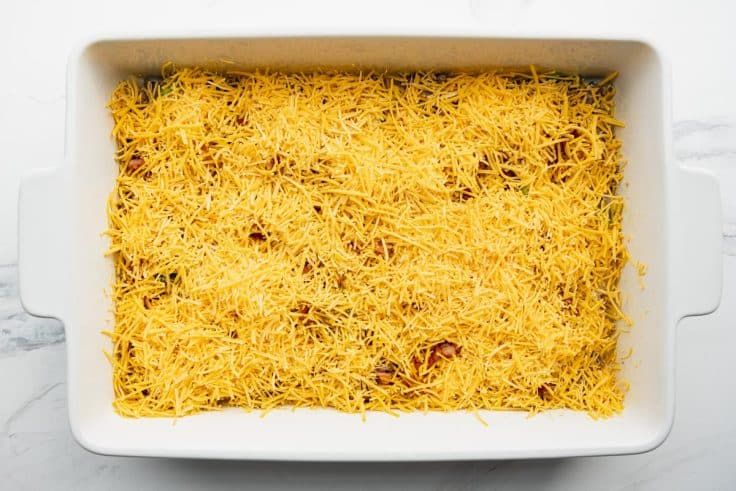 Assembled breakfast casserole to sit overnight in the fridge before baking.