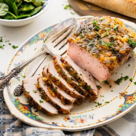 Square side shot of a pork sirloin roast.