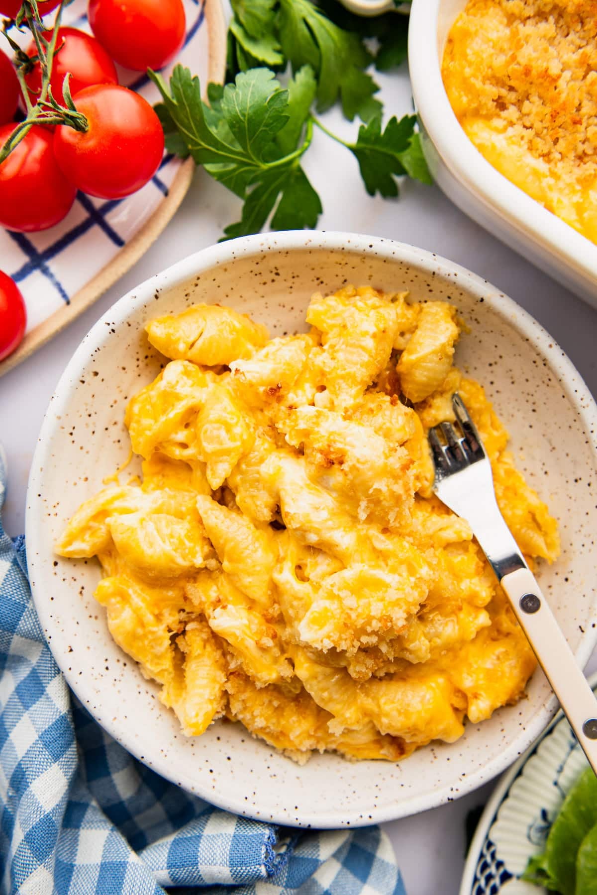 Close overhead shot of a bowl of homemade mac and cheese.