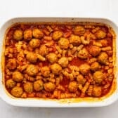 Partially baked dump and bake meatball casserole before adding the cheese on top.