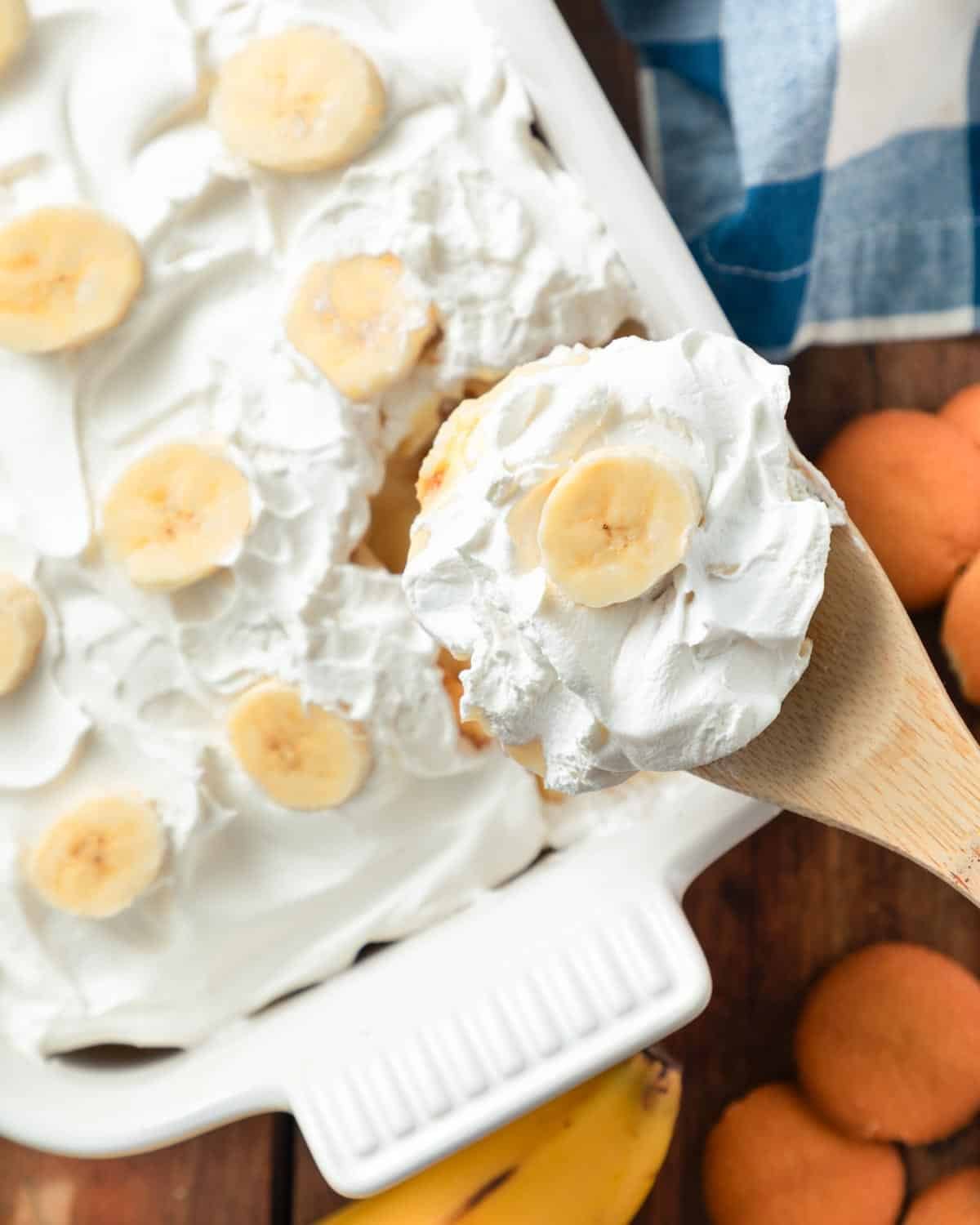 Spoon serving an easy no-bake banana pudding.