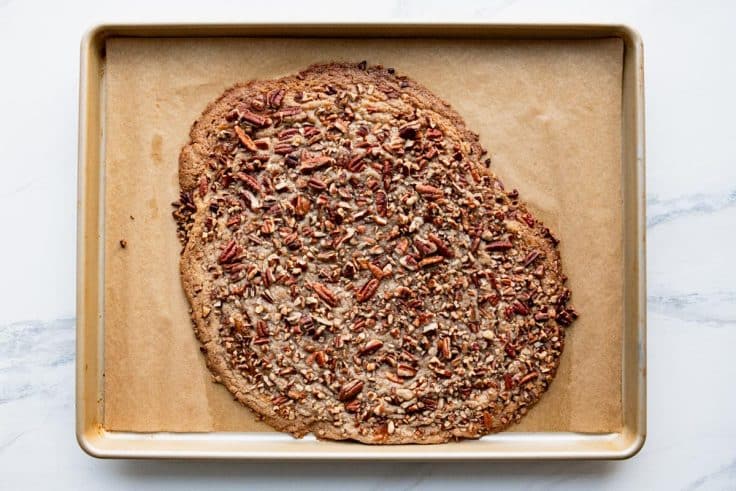 Baked cinnamon pecan bars after they come out of the oven before slicing.