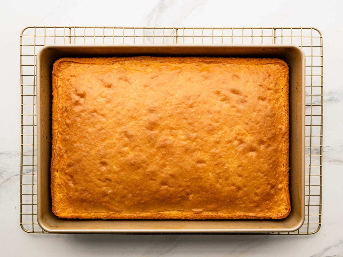 Baked coconut cake cooling on a wire rack.