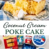 Long collage image of coconut cream poke cake.