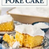 Coconut cream poke cake with a text title box at the top.