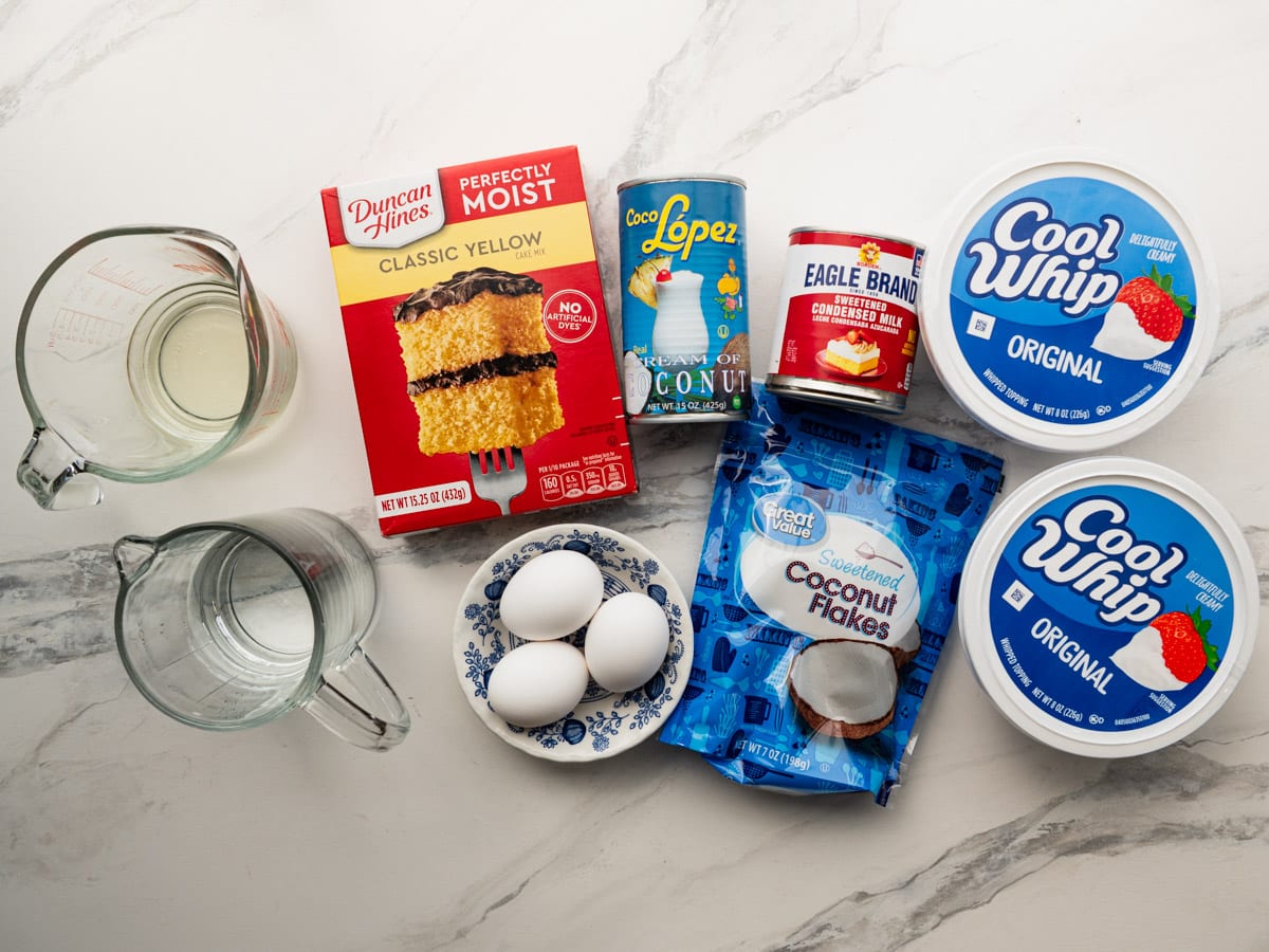 Ingredients for a coconut cream poke cake recipe.