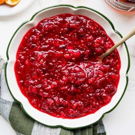 Square overhead shot of a bowl of cranberry relish with Grand Marnier.