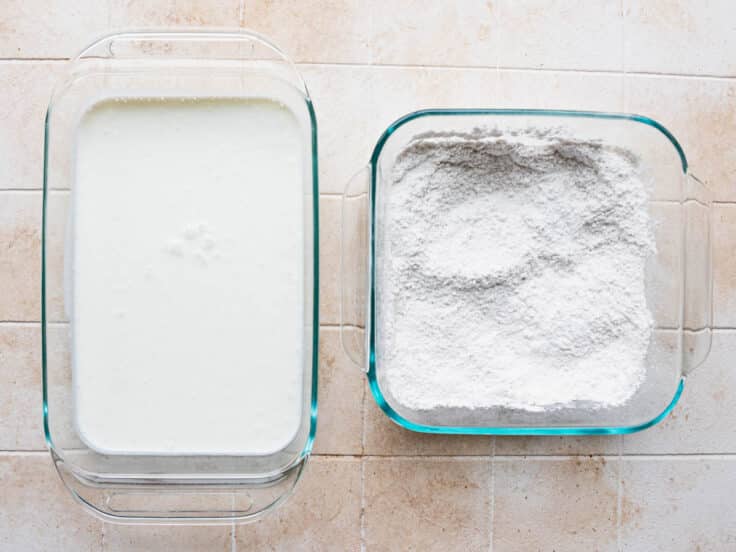 Dredging stations for fried shrimp recipe.