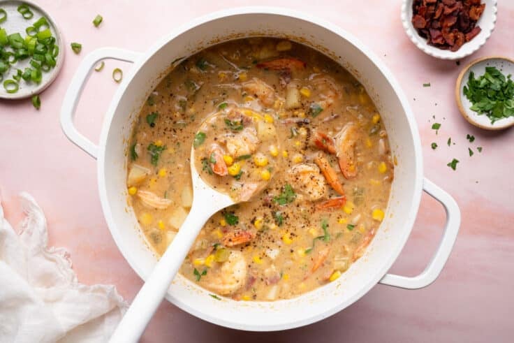 Ladle in a pot of shrimp soup.