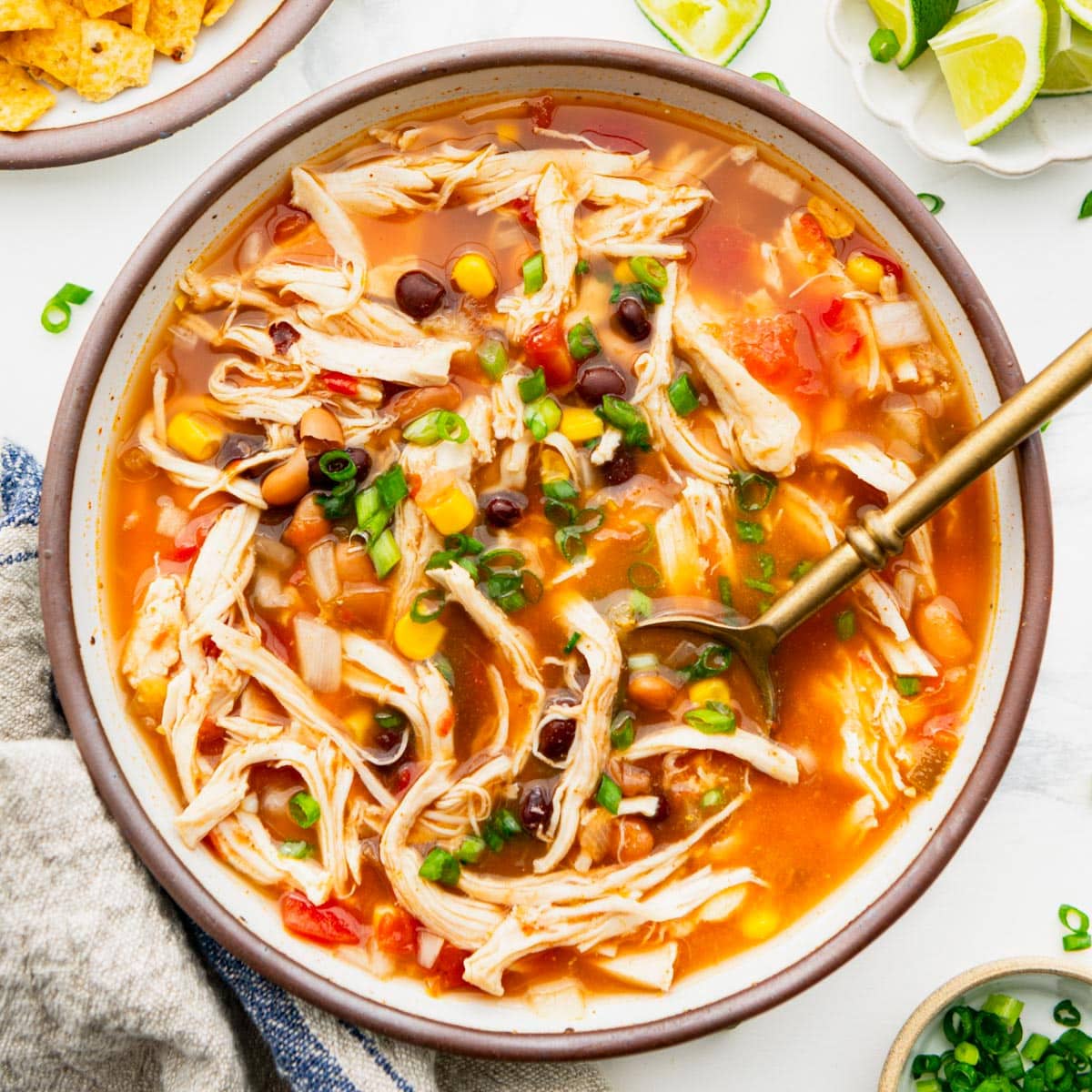 Slow cooker chicken taco soup from The Seasoned Mom
