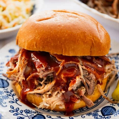Square side shot of a Mississippi pulled pork sandwiches on a plate.
