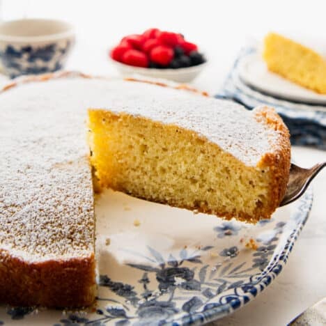Square side shot of a slice of breakfast cake on a server.