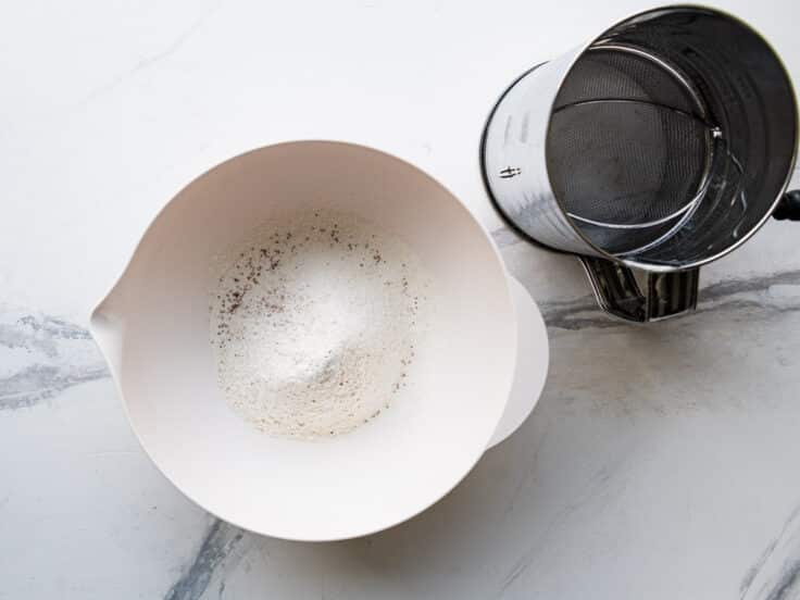 Sifted dry ingredients in a bowl.