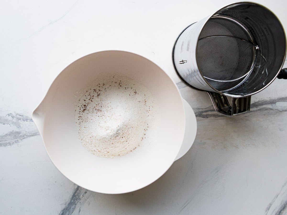 Sifted dry ingredients in a bowl.