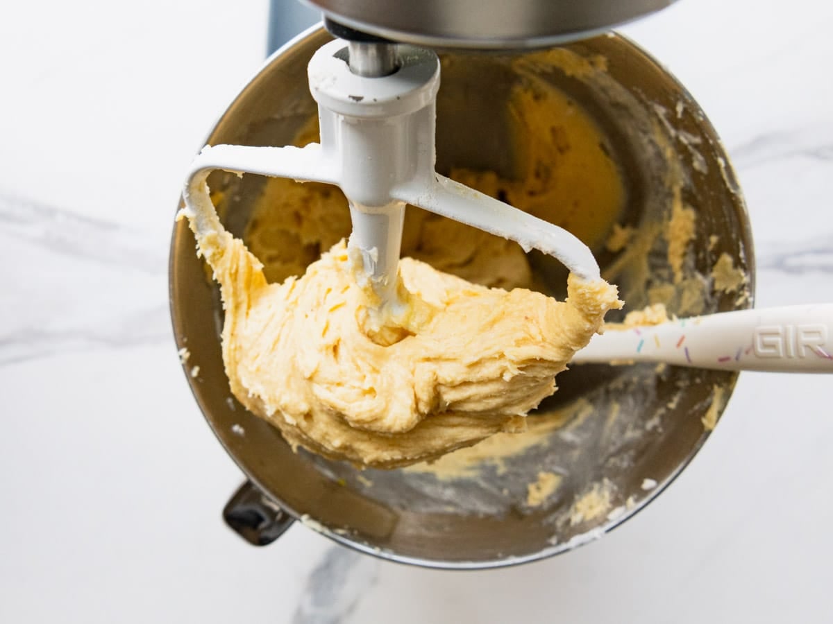 Mixing the cake batter.