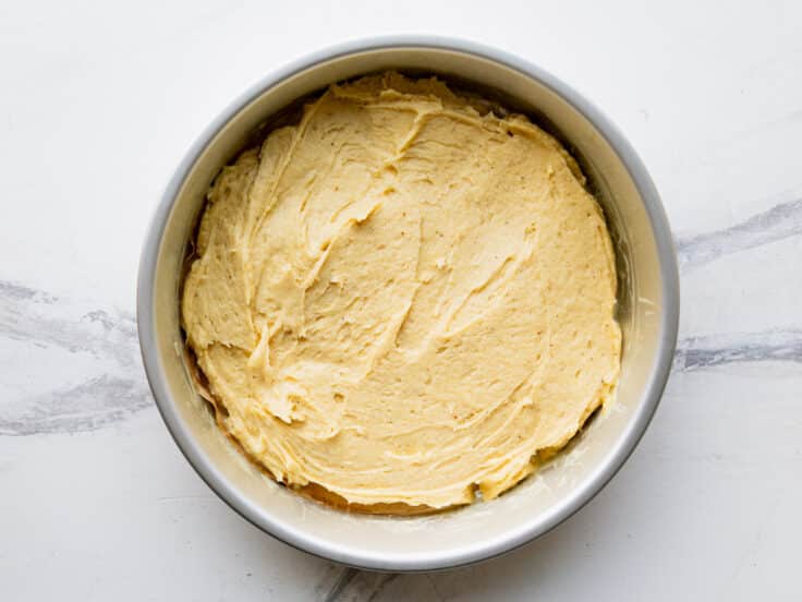 Breakfast cake batter in a round pan before baking.