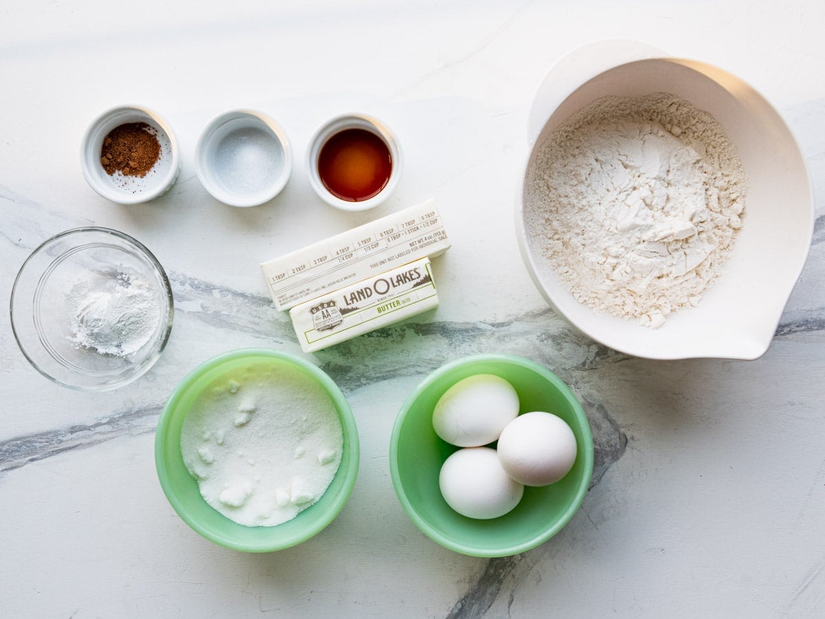 Ingredients for a French farmhouse breakfast cake recipe.