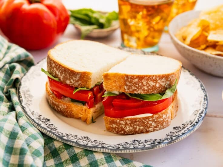 Horizontal side shot of a classic Southern tomato sandwich on a plate.