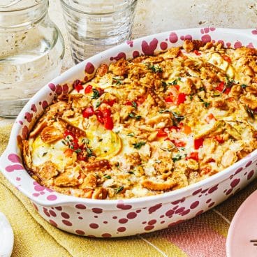 Square side shot of a squash casserole recipe.