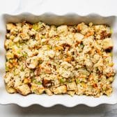 Dish of cornbread dressing before baking.